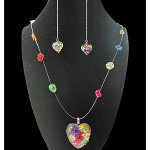 Floral Heart Pendant Necklace and Earrings Set